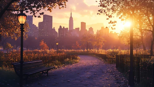 Golden hour city park trail kissing the autumn skyline.