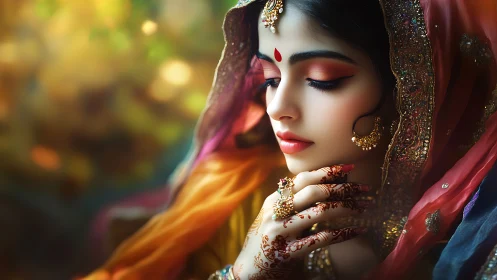 Digital painting portrays ornate bridal portrait in warm bokeh light