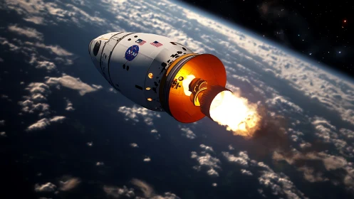 Orbital capsule roaring sunbright above swirling blue Earth.
