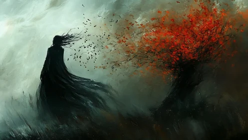 Shadowed figure confronts burning crimson tree in storm
