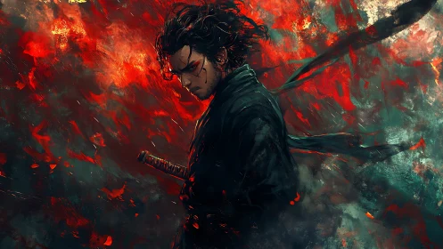 Brooding samurai warrior amid swirling red chaos.