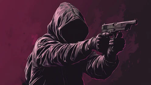 Hooded shadow with pistol in neon dusk tensioned stillness.