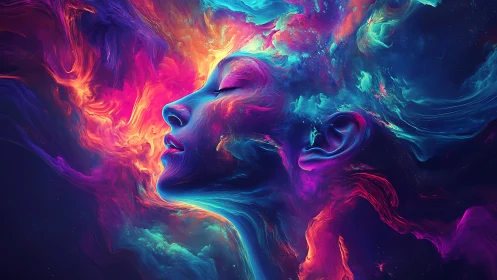 Profile of human face amid multicolored abstract nebula forms.
