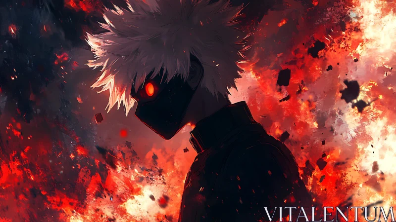 Masked white haired figure amid red explosive background.