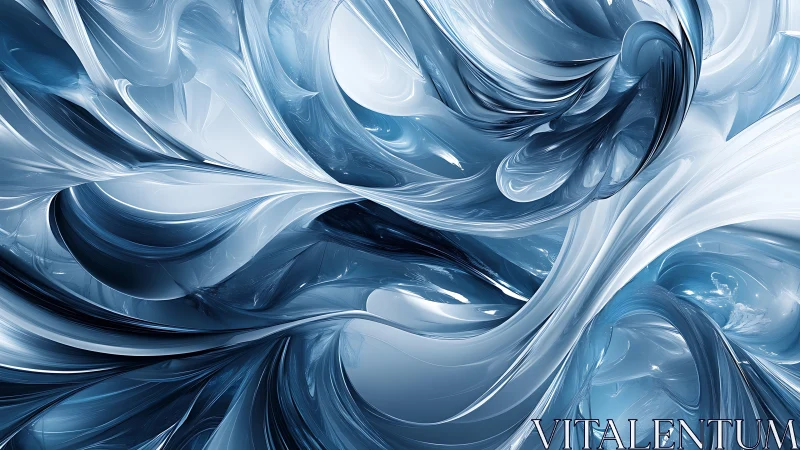 Fluid chrome-blue abstract surfaces form interlocking wavefields