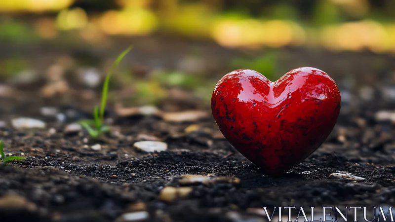 Red heart-shaped object rests on dark soil ground with blurred foliage background