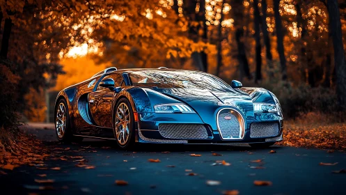 Hyperreal supercar rendering in saturated autumn forest light.