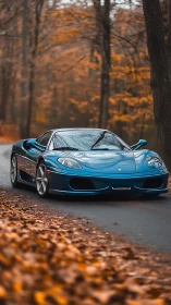 Blue sports car on forest road with autumn foliage backdrop.