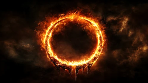 Ring of fire with radiating energy waves isolated against dark background.