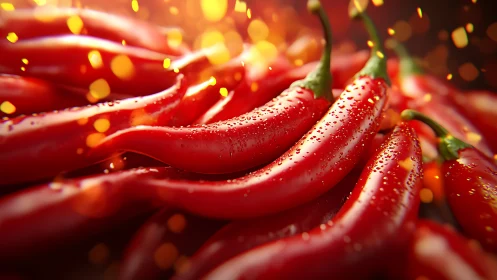 Glowing red chili peppers sparkle with fresh fiery energy