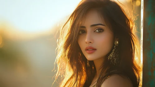 Woman in warm backlight with detailed earrings at sunset.