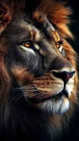 Majestic lion portrait glows in dramatic side lighting.