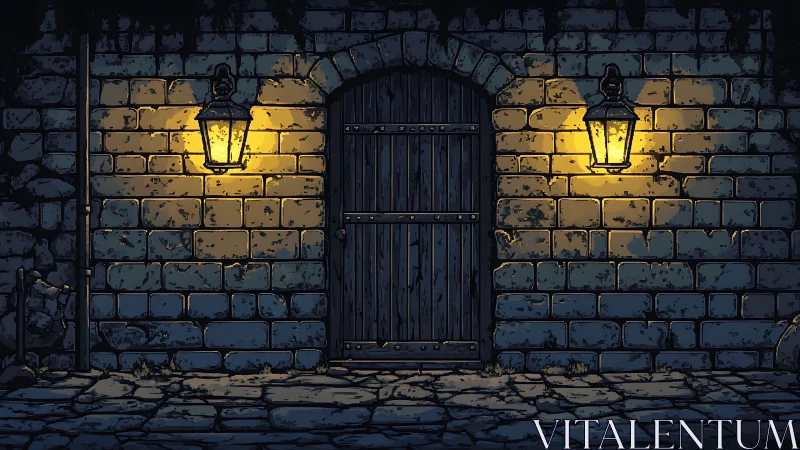 Stone wall doorway with dual lantern lighting at night.