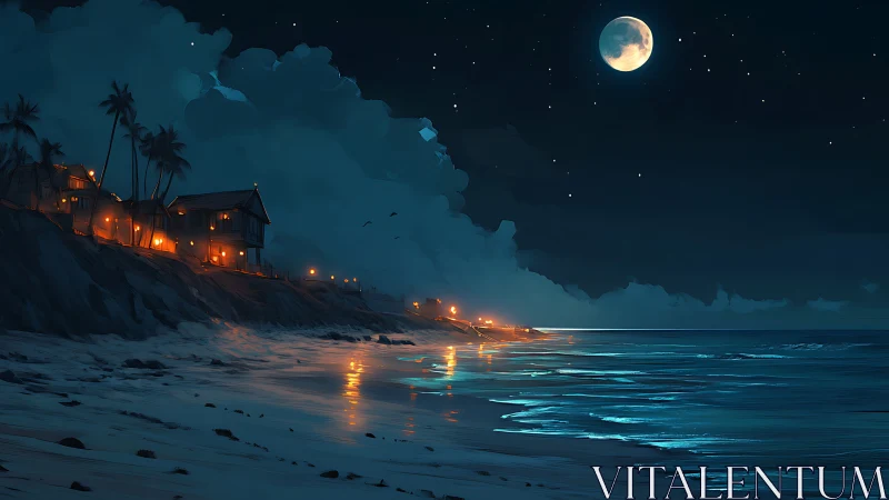 Moonlit tropical shoreline glows with warm coastal lights