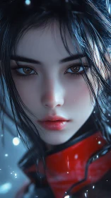 Close digital portrait of woman in red coat with snowfall.