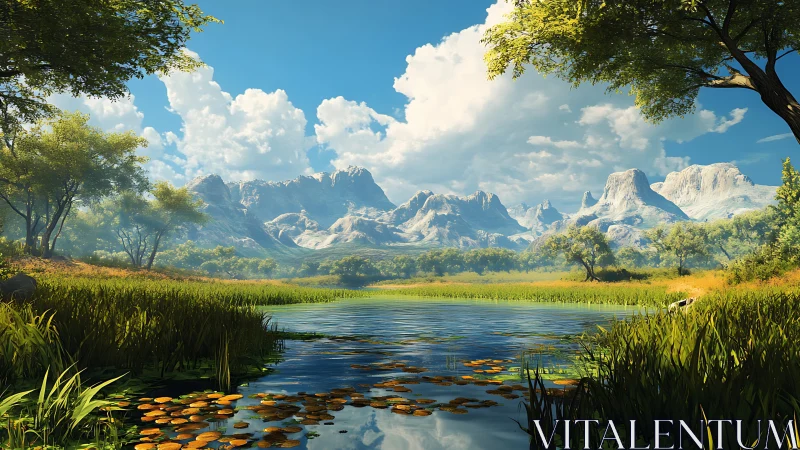 Mountain basin lake with grasses, lilies and distant peaks.