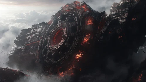 Colossal ringed warship burns slowly through bruised clouds