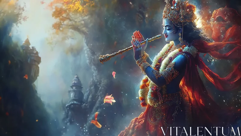 Divine blue musician with garlands in luminous forestscape.