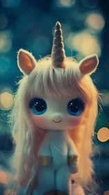 Plush unicorn doll stands centered with bright bokeh lights