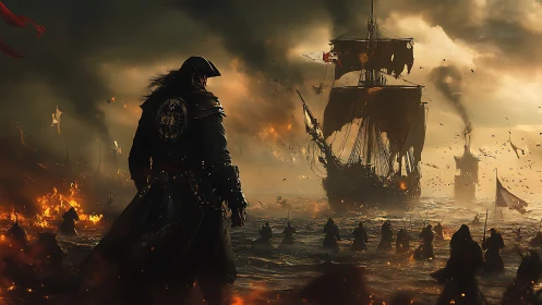 Naval battle scene with pirate figure and burning ships.