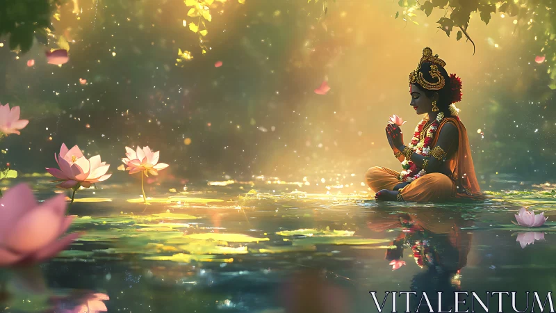 Serene lotus pond meditation with a radiant spiritual figure.