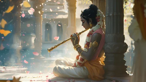 Divine flutist in garlands amid soft temple light.
