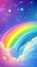 Vibrant rainbow arching through colorful starry clouds.