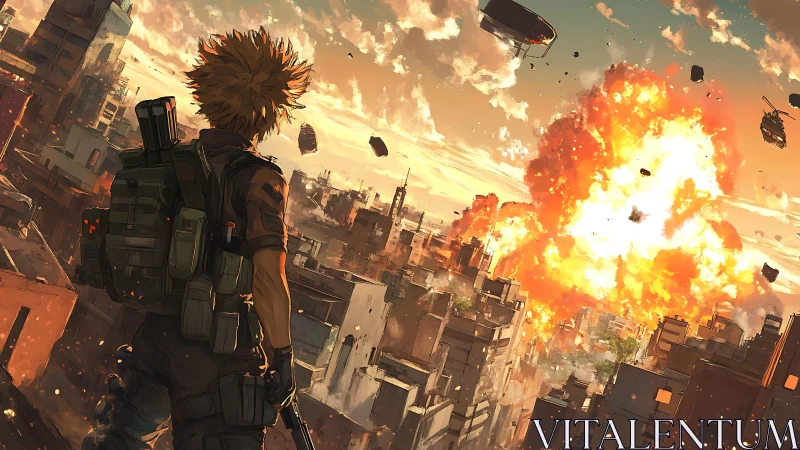 Lone soldier overlooking a shattered city in fiery detonation.