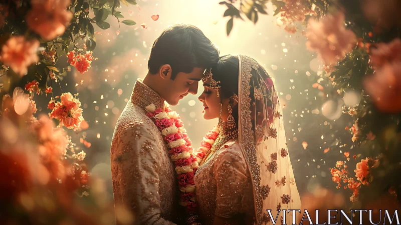 South Asian Wedding Couple in Ornate Traditional Dress.