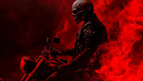 Skull-helmet biker in crimson smoke digital illustration.