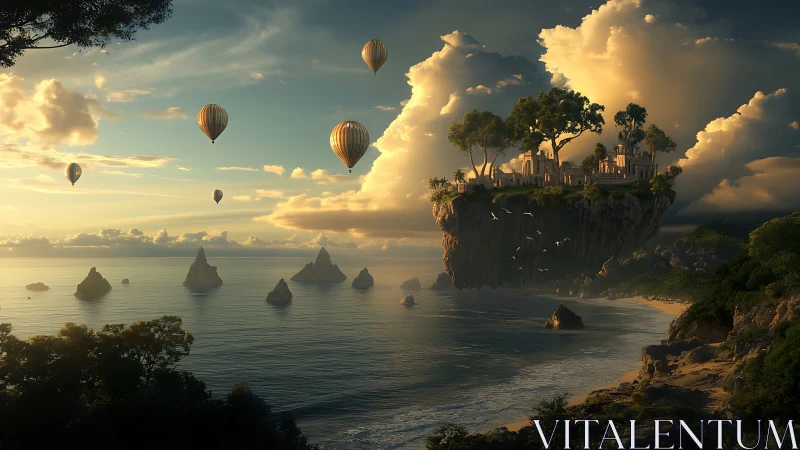 Sunlit floating island welcomes gentle hot air balloons home