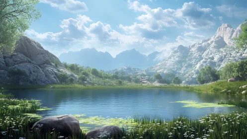 Mountain lake serenity under soft midday skylight.