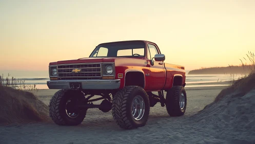 Lifted classic red Chevy pickup parked on quiet beach.