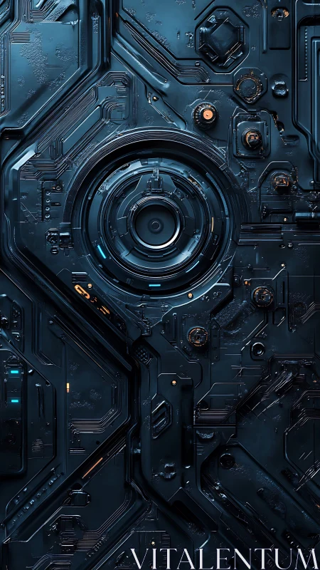 Futuristic metallic circuit panel with central camera lens.