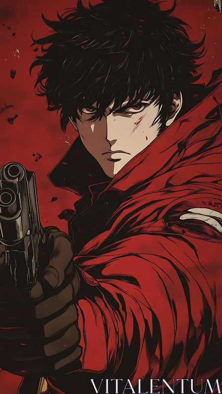 Anime gunfighter portrait in high-contrast red noir style.