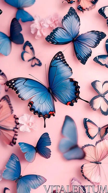Blue morpho butterflies glide over soft pink floral field