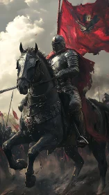 Crimson-bannered war knight surges through stormlit battlefield.