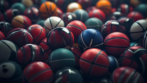 Colorful basketball pile renders rich leather textures