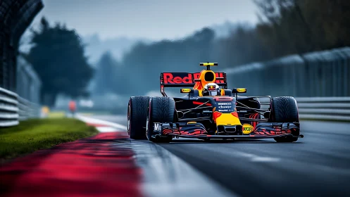 Red Bull Formula 1 car driving on wet racetrack in motion.