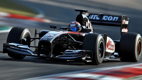 Sleek black Formula race car charging through a bright curve.