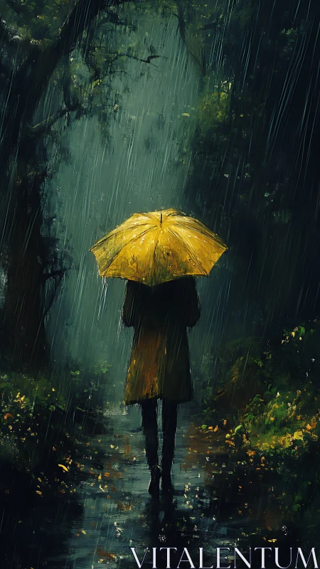 Solitary figure with yellow umbrella walks through rainy forest.