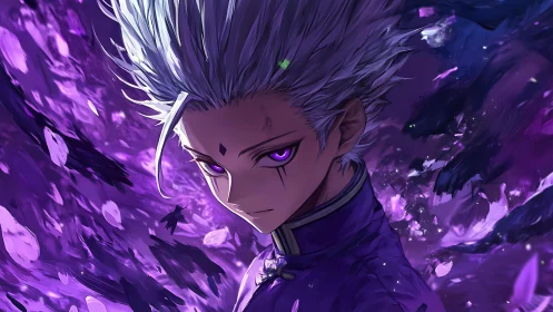 Silver haired anime sorcerer within swirling violet energy.