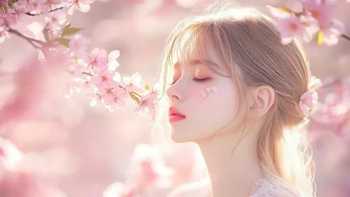 Young woman among soft pink cherry blossoms in spring.