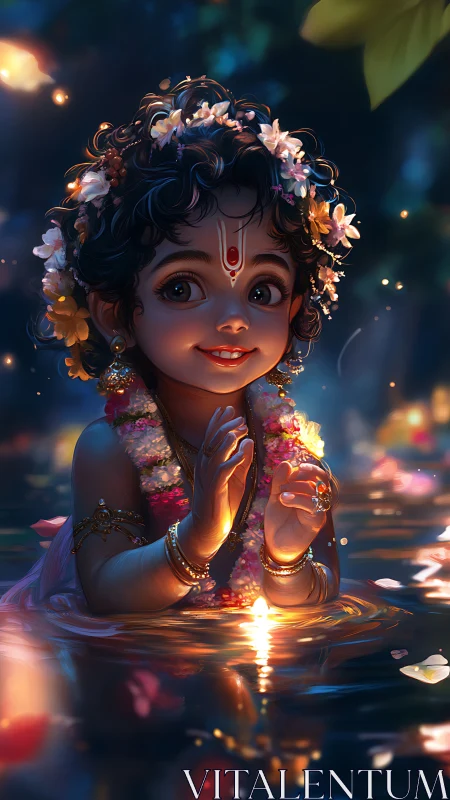 Gentle child deity smiles in glowing flower lit water
