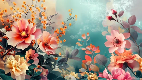 Digital floral composition with layered botanical elements and atmospheric gradients.