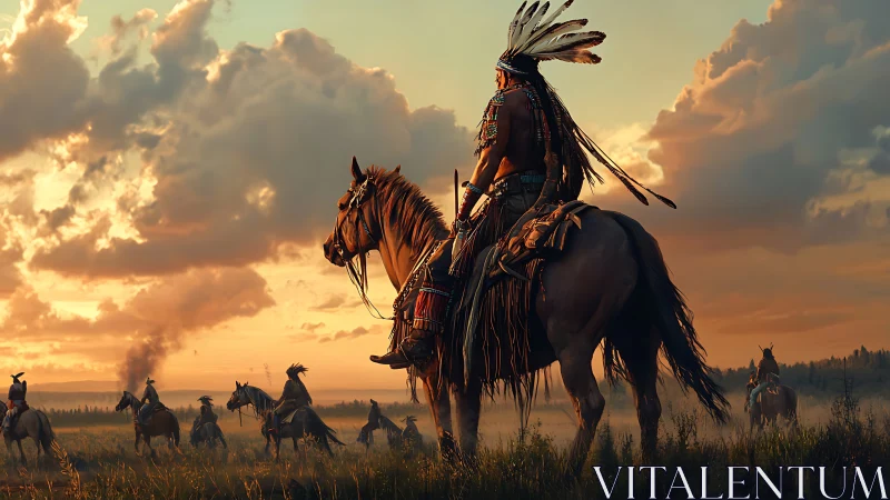 Sunset rider overlooking mounted warriors on misty plains.