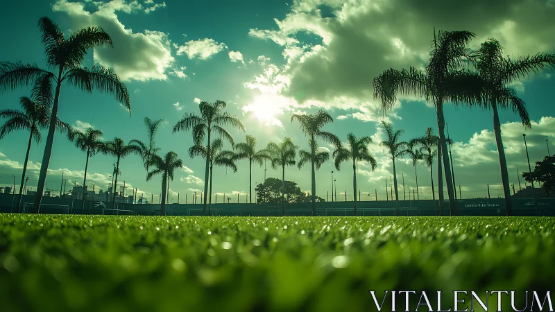 Palm lines and sunflares over emerald urban playing field.