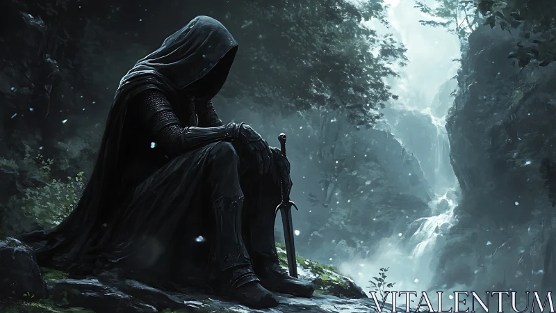 Hooded ranger resting by misty waterfall ravine at dusk.