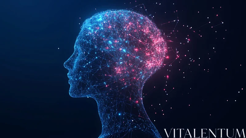 Cyberpunk neural head silhouette in luminous node lattice.