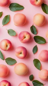 Ripe peaches align on pastel pink background with leaves.